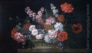 A Still Life of Carnations, Stocks, Peonies, Convolvulus and Other Flowers in a Basket Resting on a Stone Ledge, 1734 - Pieter Casteels