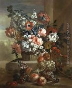 Still life of a basket of flowers and fruit - Pauwel Casteels