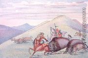 Buffalo bull protecting calf and mother under attack - George Catlin