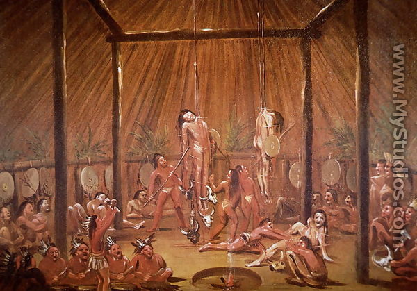 The O-Kee-Pa self-torture religious ceremony of the Mandan tribe, from a painting of c.1835 - George Catlin