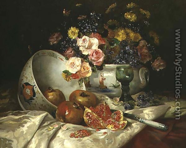 Still life of flowers in a Chinese vase with pomegranates - Eugene Henri Cauchois