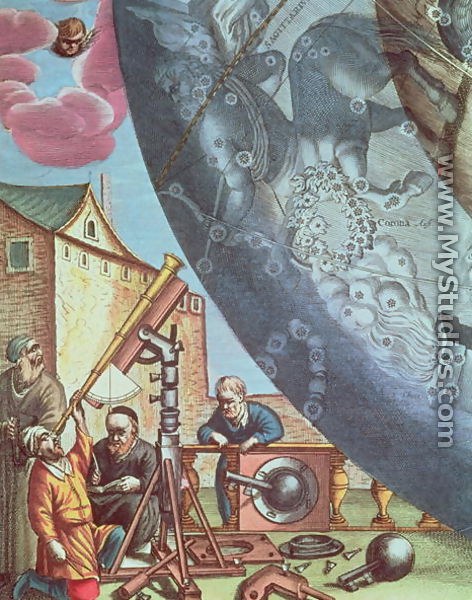 Astronomers looking through a telescope, detail from a map of the constellations from 
