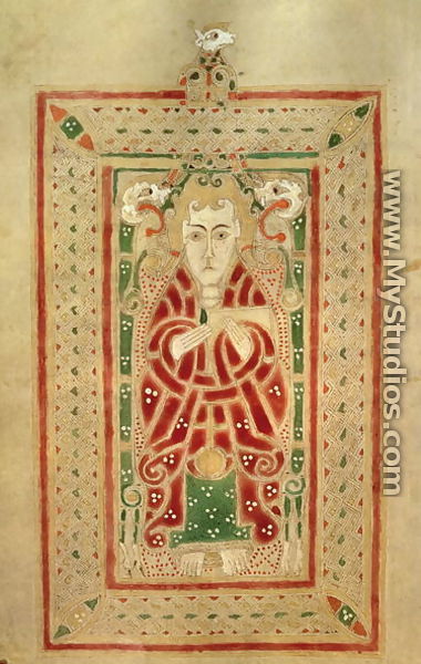 Seated figure of St. Mark the Evangelist with a book, page preceding the Gospel of St. Mark, from the MacDurnan Gospels, Armagh - Celtic