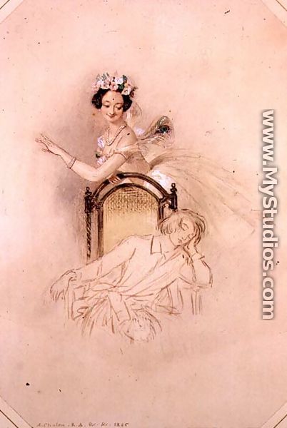 La Sylphide hovers beside the seated sleeping James, Marie Taglioni (1804-1884) in Act I of a performance of 