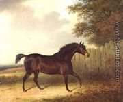 A dark bay stallion in a landscape - Henry Bernard Chalon