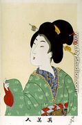 1973-22c Shin Bijin (True Beauties) depicting a woman in a green floral kimono, from a series of 36, modelled on an earlier series - Toyohara Chikanobu