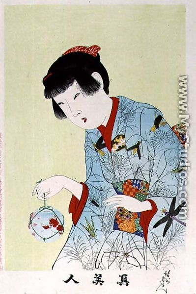 1973-22c Shin Bijin (True Beauties) depicting a woman holding a goldfish bowl, from a series of 36, modelled on an earlier series - Toyohara Chikanobu