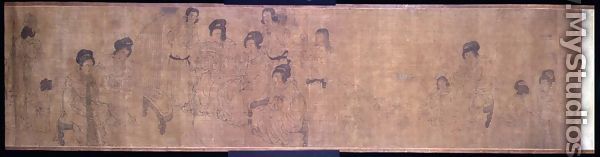 Palace Ladies at Leisure Handscroll, detail of ladies making music, after an original by Wen-chu Chou (fl.970) Southern Sung period, c.1140 - Chinese School