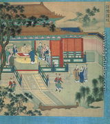 Emperor Hsien Ti (fl.189-220) with scholars translating classical texts, from a history of Chinese emperors - Chinese School