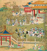 Emperor Yang Ti (581-618) strolling in his gardens with his wives, from a history of Chinese emperors 2 - Chinese School