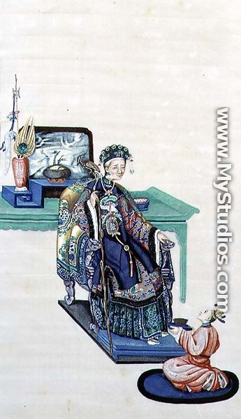 Old Woman Seated with a Kneeling Servant - Chinese School