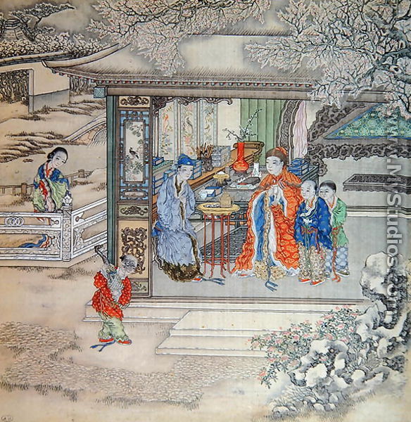 Scene in a garden with a family receiving visitors - Chinese School