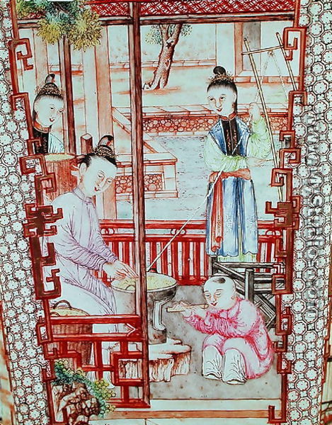 Detail from a vase depicting women spinning silk - Chinese School, Ming Dynasty