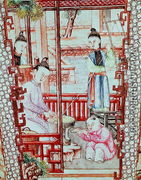 Detail from a vase depicting women spinning silk - Chinese School, Ming Dynasty