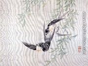 Swallows in flight, from an album of twelve studies of flowers, birds and fish - Tsubaki Chinzan