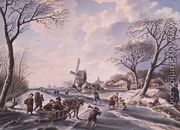 Dutch winter garden scene of windmill and skaters - W.F. Christ