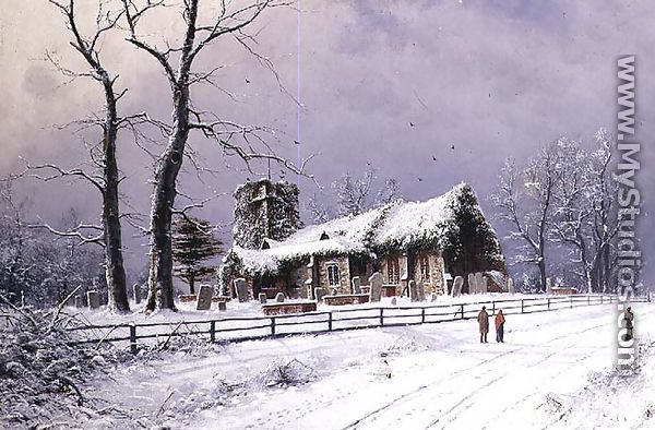 Winter Scene with Figures on a Path near a Church - Nils Hans Christiansen