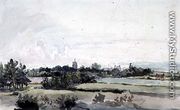 Suffolk Landscape, Fields with a belt of Trees, a Church Tower, Houses and a Windmill - Thomas Churchyard