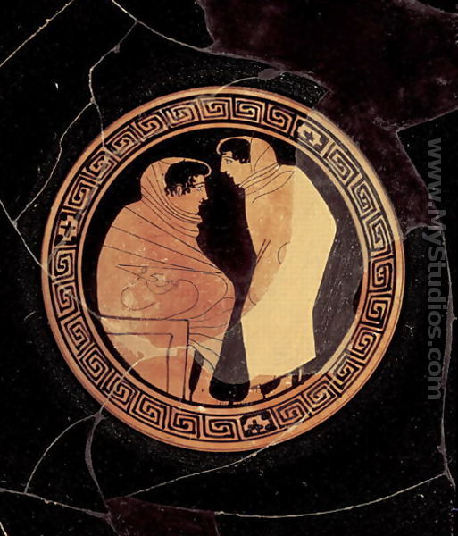 Attic red-figure kylix depicting a conversation between to male figures, c.450 BC - Circle of the Penthesilia Painter