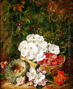 Still Life of Apple Blossom and Violets With Primulas in Wicker Basket - George Clare