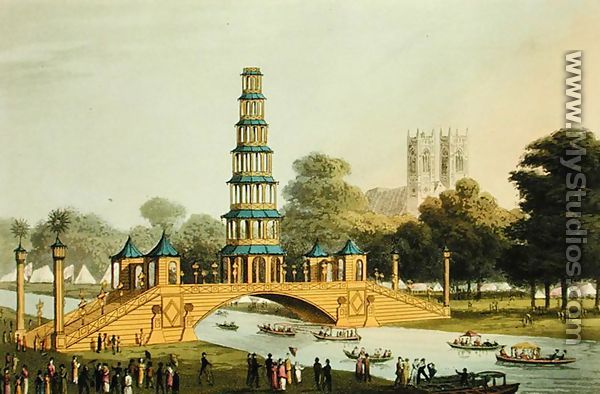 The Chinese Bridge and Pagoda, Erected in the Park in commemoration of the Glorious Peace of 1814 - John Heaviside Clark (after)
