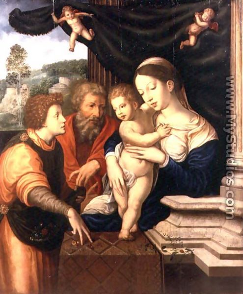 The Holy Family Being Presented with a Basket of Flowers by an Angel, on a Classical Terrace, Being a Version of the Painting by Barend van Orley in the Louvre of 1521 - (studio of) Cornelis van Cleve