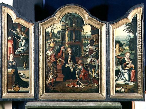Triptych: The Adoration of the Magi (central panel), The Annunciation (LH panel),The Rest on the Flight into Egypt (RH panel) - Pieter Coecke Van Aelst
