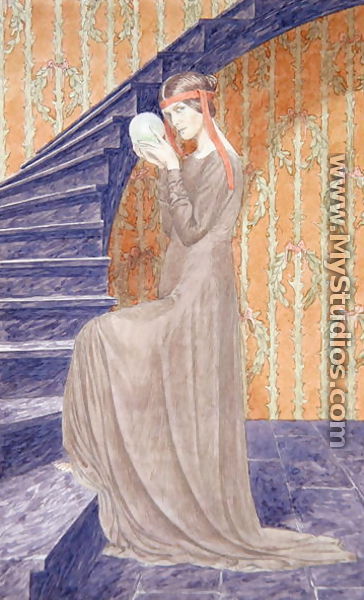Young woman in Aesthetic style dress holding a sphere, 1894 - Carlos Schwabe