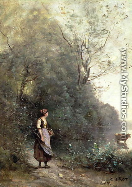 A Peasant Woman Grazing a Cow at the Edge of a Forest - Jean-Baptiste-Camille Corot