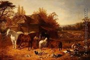 The Farmyard with Horses, Ponies, Berkshire Saddle Backs, Alderney Shorthorn Cattle and Poultry - John Frederick Herring Snr