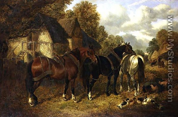 Farm Scene with Cart Horses - John Frederick Herring Snr