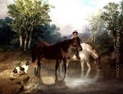 Two horses, a man and a dog by a stream - John Frederick Herring, Jnr.