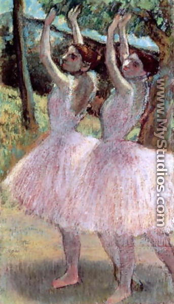 Dancers in violet dresses, arms raised, c.1900 - Edgar Degas