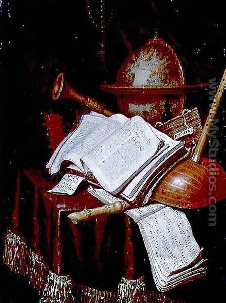 Vanitas with a globe, musical scores and instruments, 1692 - Edwart Collier
