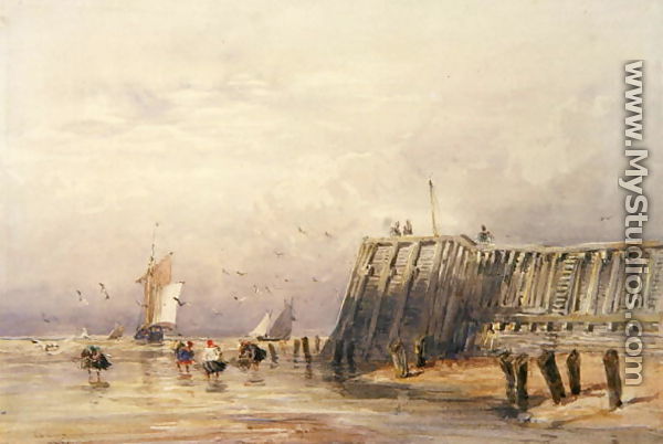 Seascape with Sailing Barges and Figures Wading Off-Shore, 1832 - David Cox