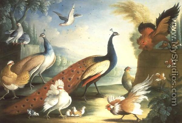 Two Peacocks Doves  Chickens and a Rooster in a Parkland - Marmaduke Craddock
