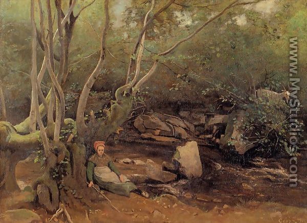 Lormes - Shepherdess Sitting under Trees beside a Stream - Jean-Baptiste-Camille Corot