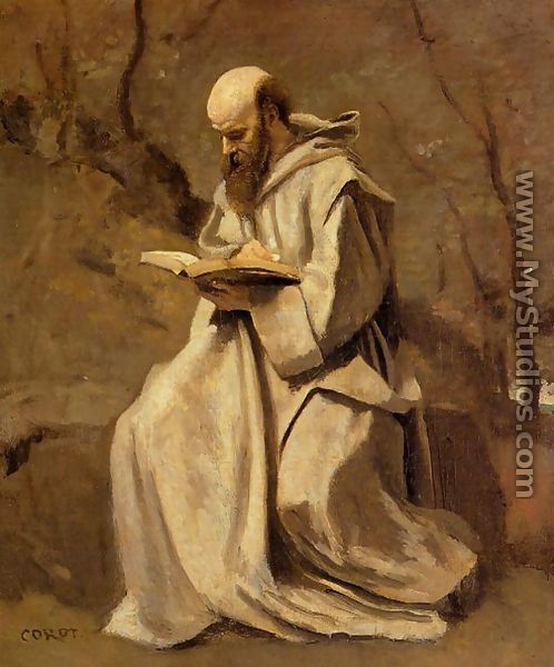 Monk in White, Seated, Reading - Jean-Baptiste-Camille Corot