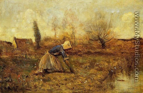Farmer Kneeling Picking Dandelions - Jean-Baptiste-Camille Corot