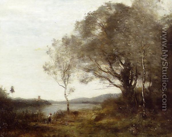 Strolling along the Banks of a Pond - Jean-Baptiste-Camille Corot
