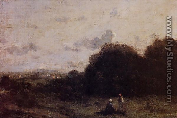 Fields with a Village on the Horizon, Two Figures in the Foreground - Jean-Baptiste-Camille Corot