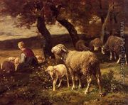 Shepherdess and Sheep - Charles Émile Jacque