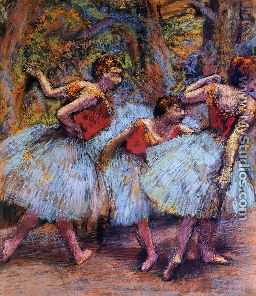 Three Dancers, Blue Skirts, Red Blouses - Edgar Degas