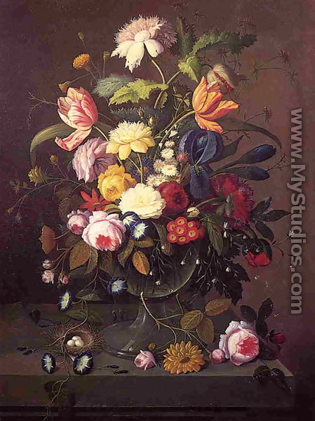 Vase of Flowers in Footed Glass Bowl with Bird