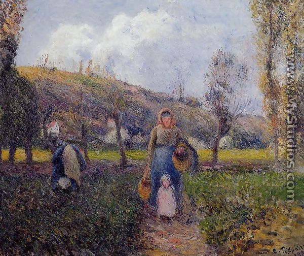Peasant Woman and Child Harvesting the Fields, Pontoise - Camille Pissarro