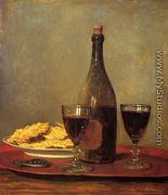 Still Life: Two Glass of Red Wine, a Bottle of Wine; a Corkscrew and a Plate of Biscuits on a Tray - Albert Anker