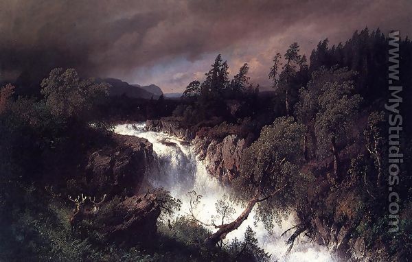 Mountain Landscape and Waterfall - Herman Herzog