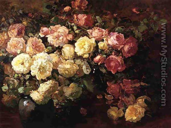 Still Life with White and Pink Roses - Franz Bischoff