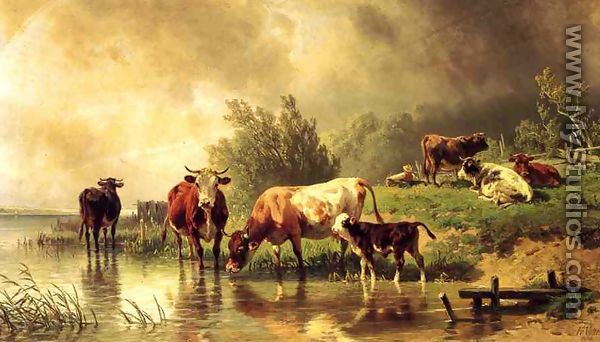 Cattle Watering by Stream under Darkening Skies - Friedrich Johann Voltz