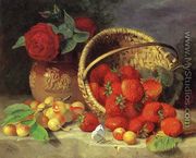 A Basket of Strawberries, Cherries, a Butterfly and Red Roses in a Vase on a Stone Ledge - Eloise Harriet Stannard